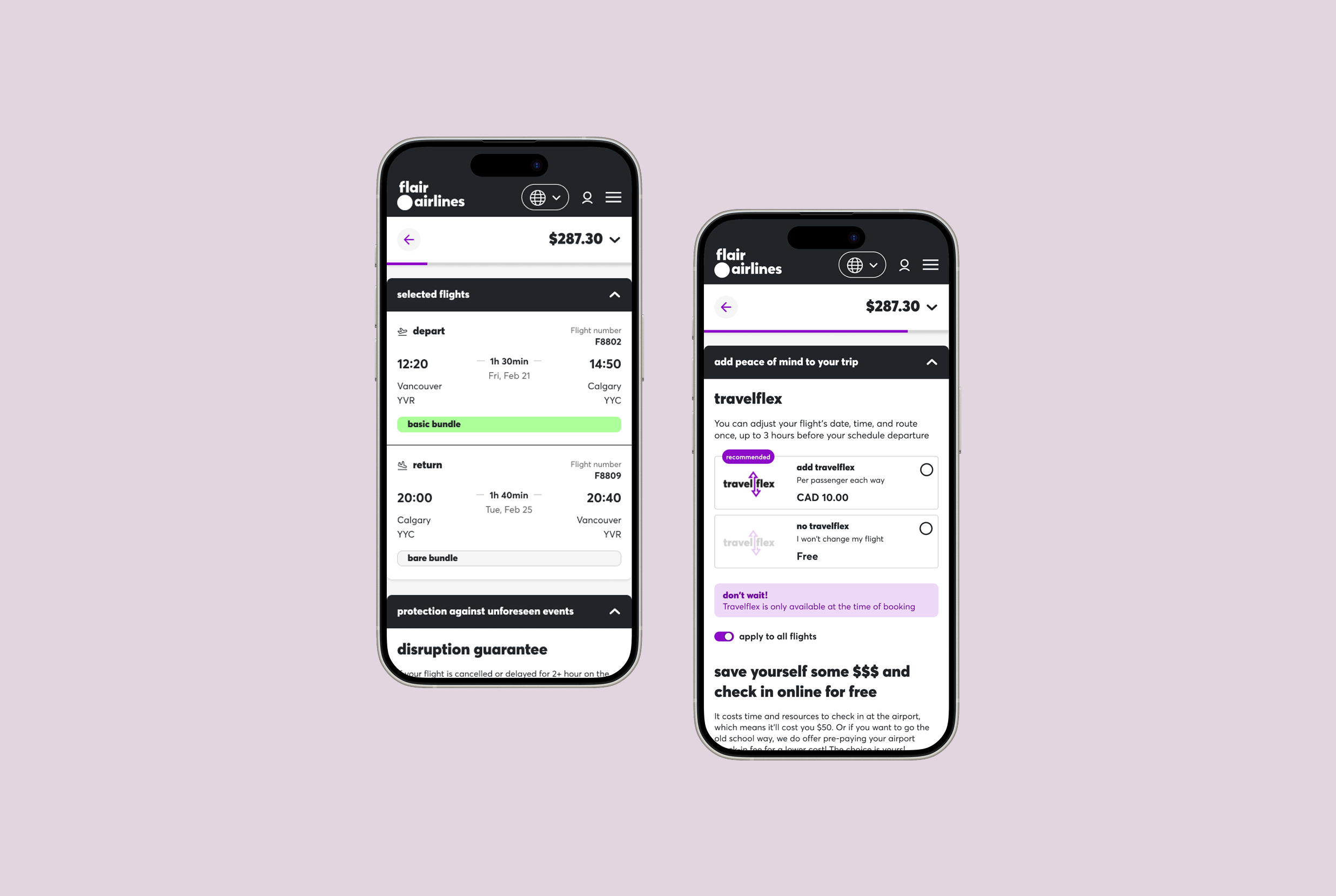 Flair Airlines booking pages on mobile