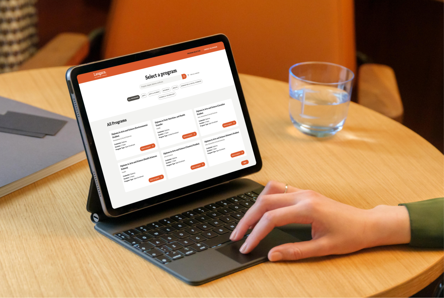 Langara College app on tablet with student