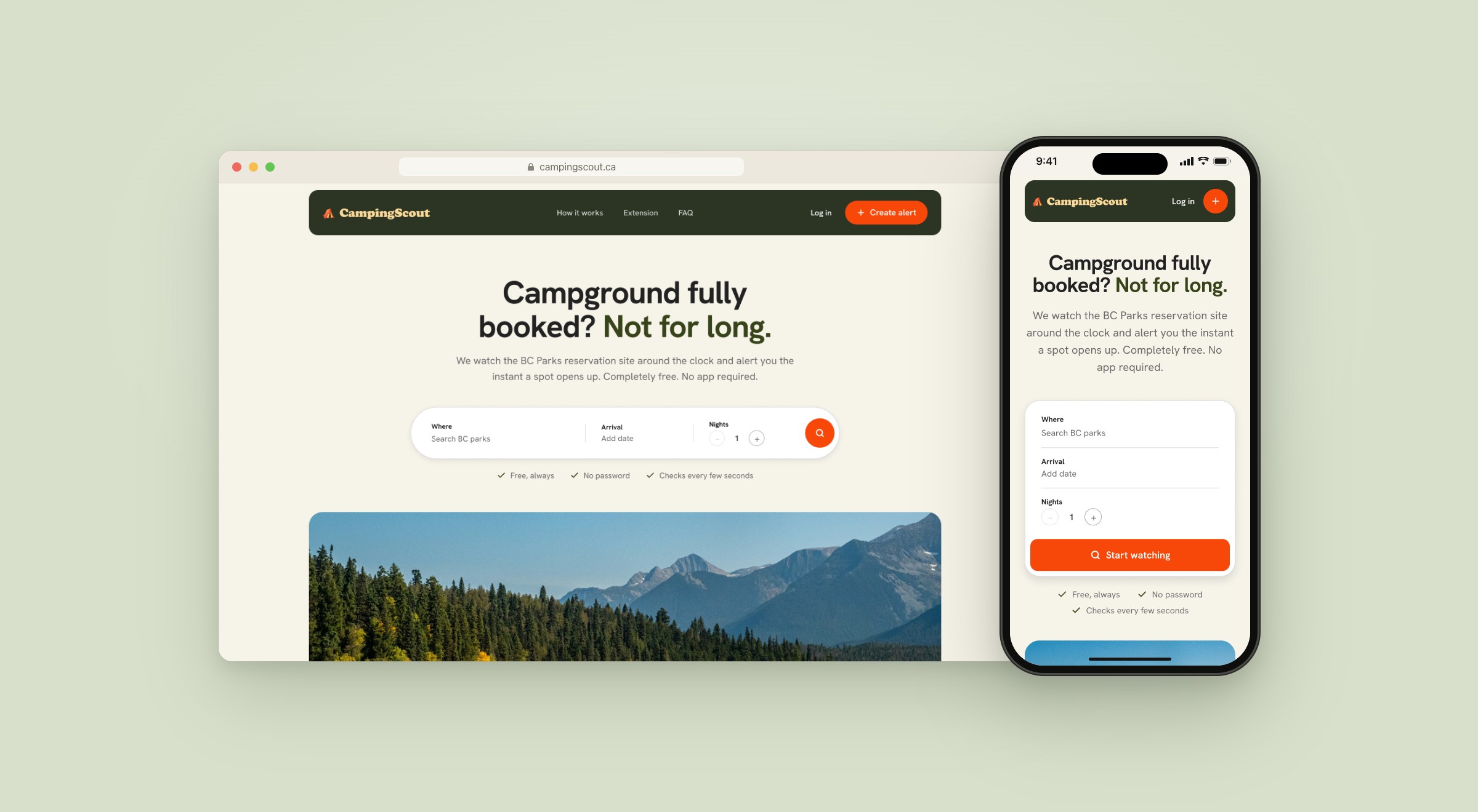 CampingScout landing page on desktop and mobile