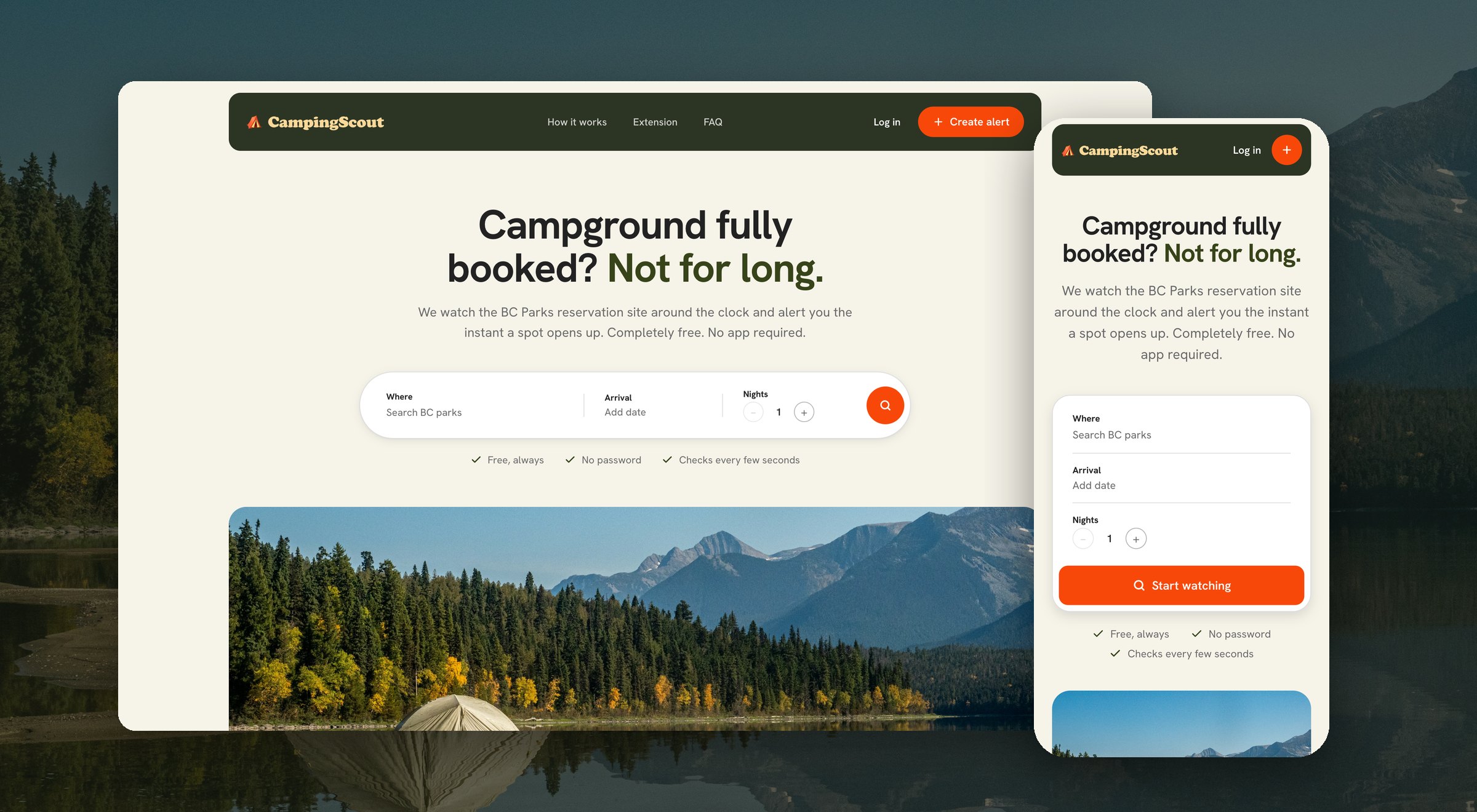 CampingScout landing page on desktop and mobile