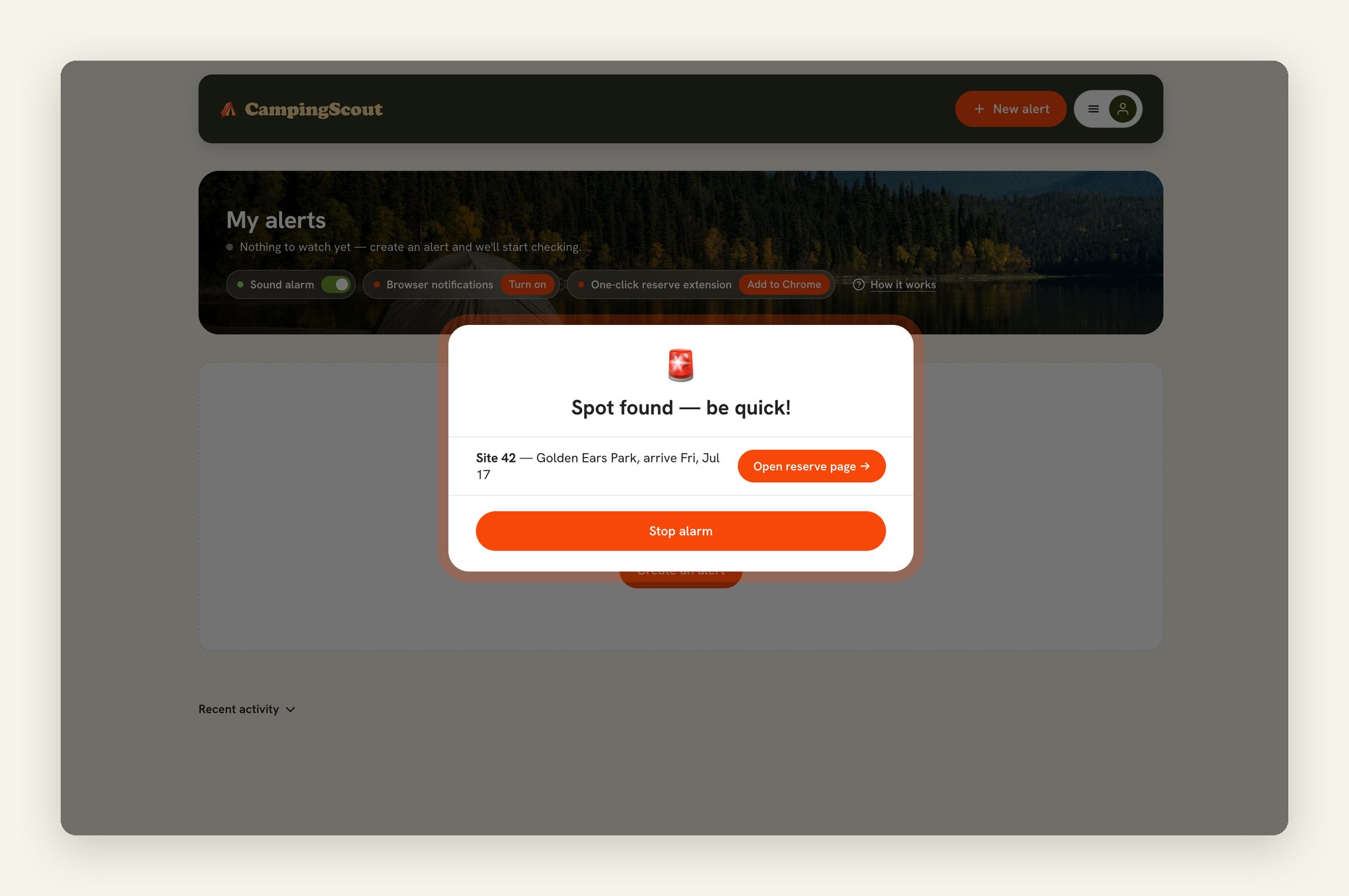 Full-screen 'Spot found — be quick!' alarm overlay on the CampingScout dashboard