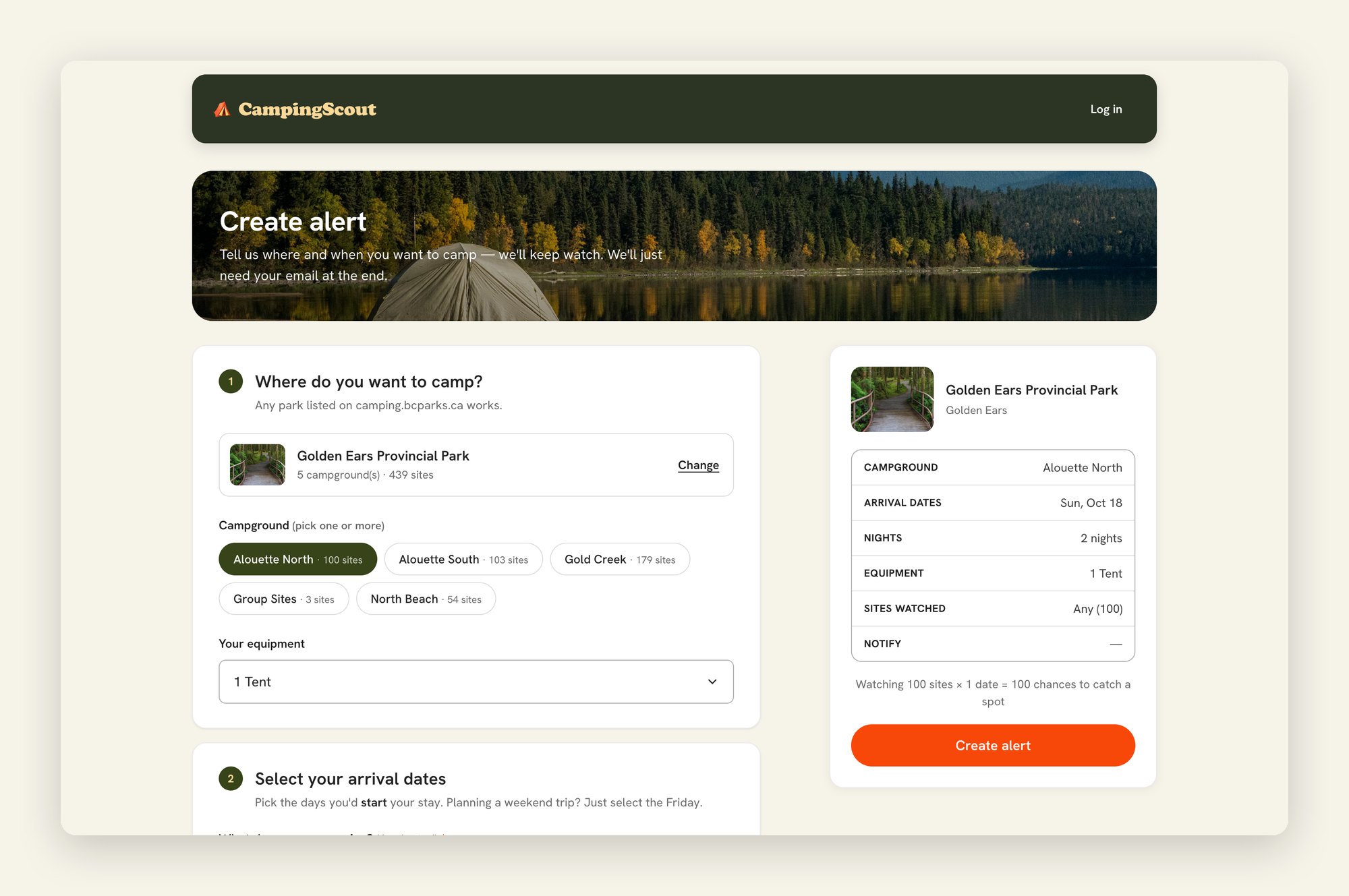 CampingScout alert builder with a park, campground and equipment selected, and a live trip summary