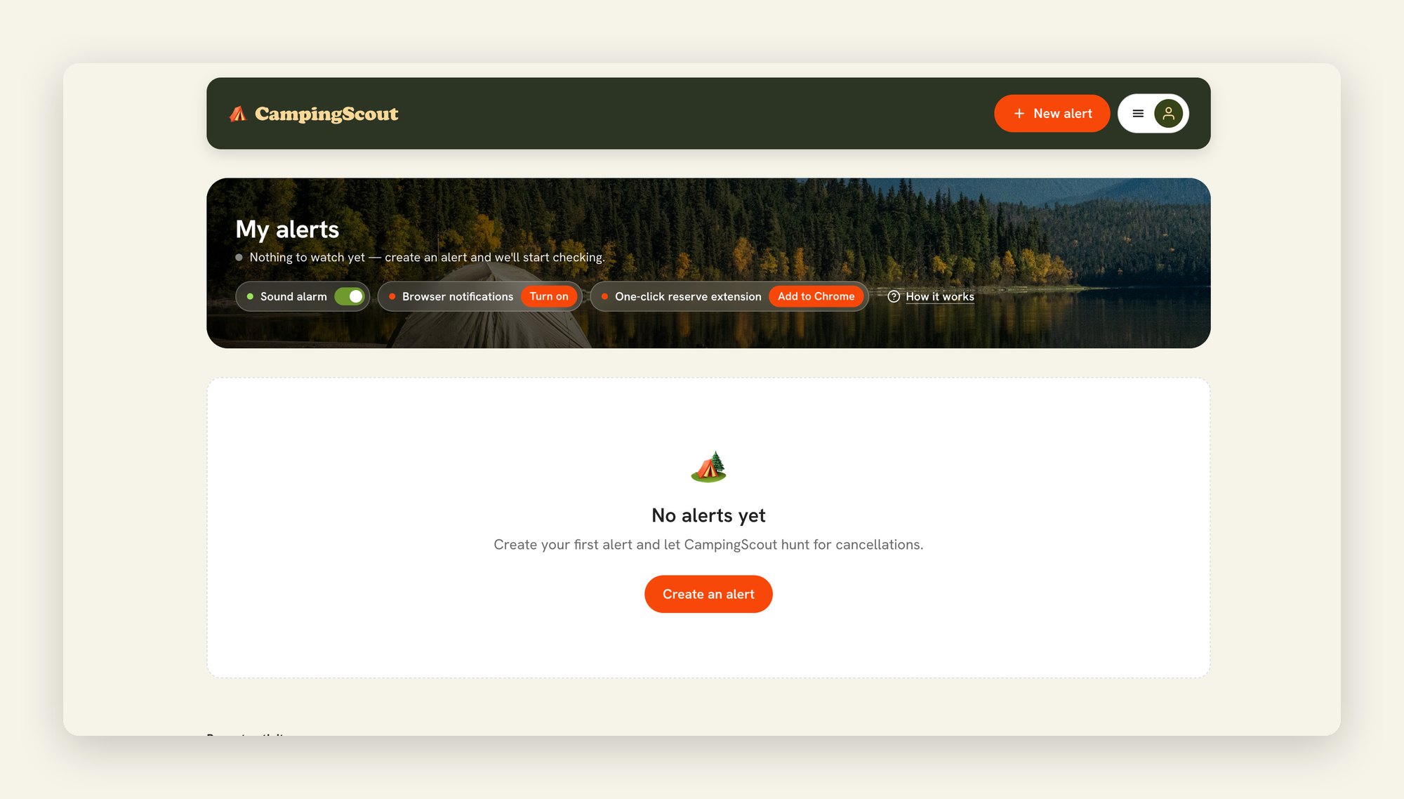 CampingScout dashboard with status pills for sound alarm, browser notifications and the extension