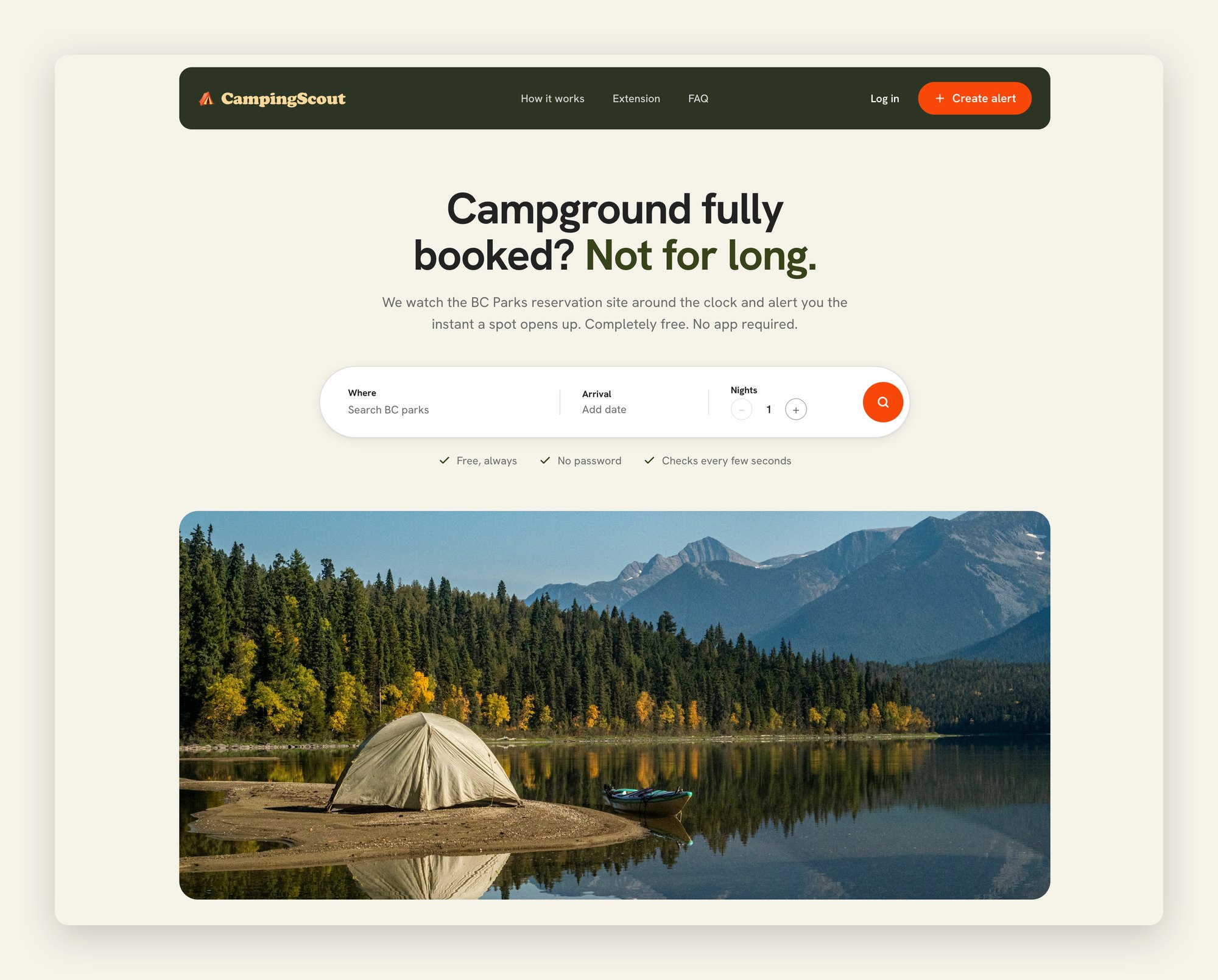 CampingScout landing page with the headline 'Campground fully booked? Not for long.'