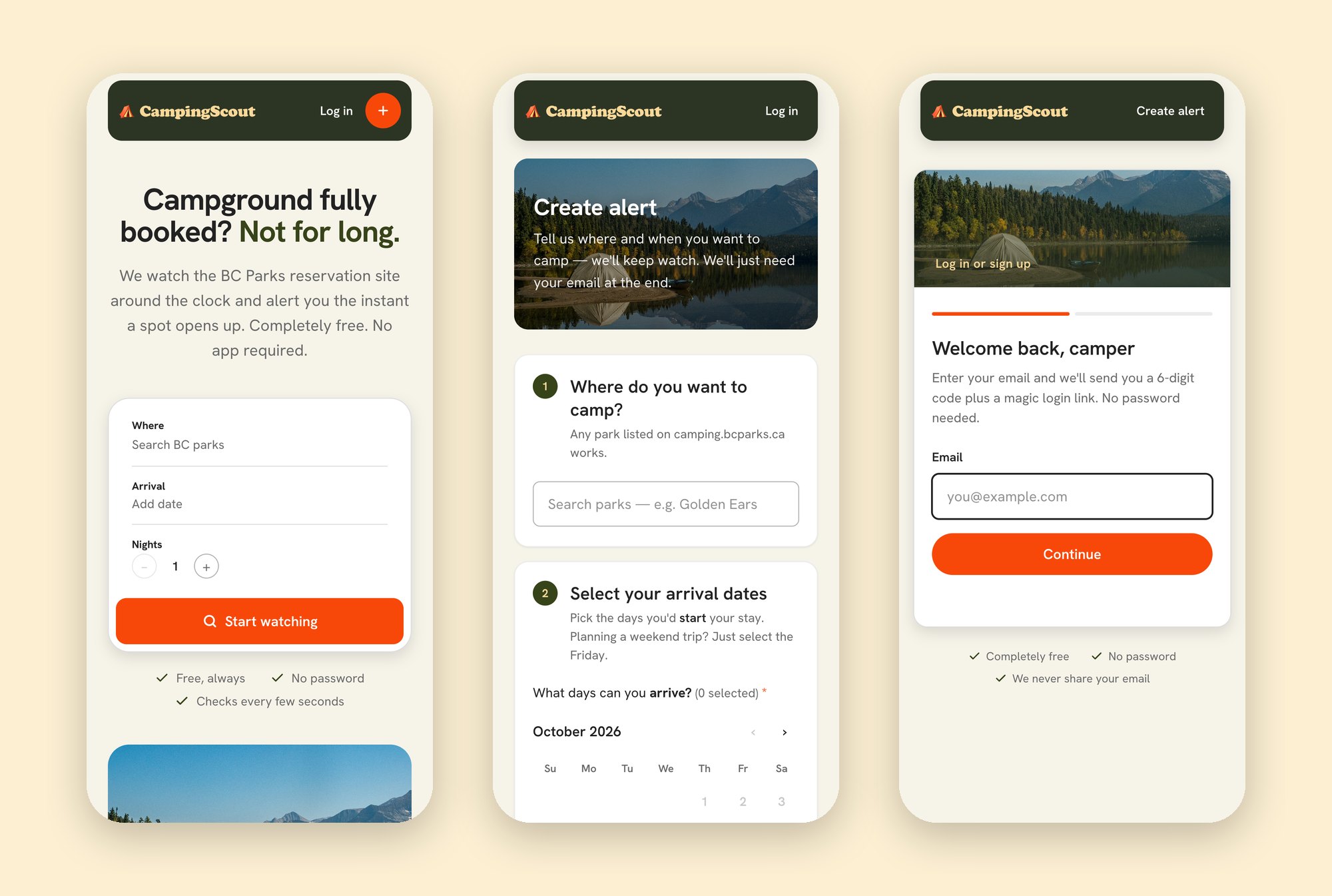CampingScout on mobile: landing page, alert builder and passwordless log in