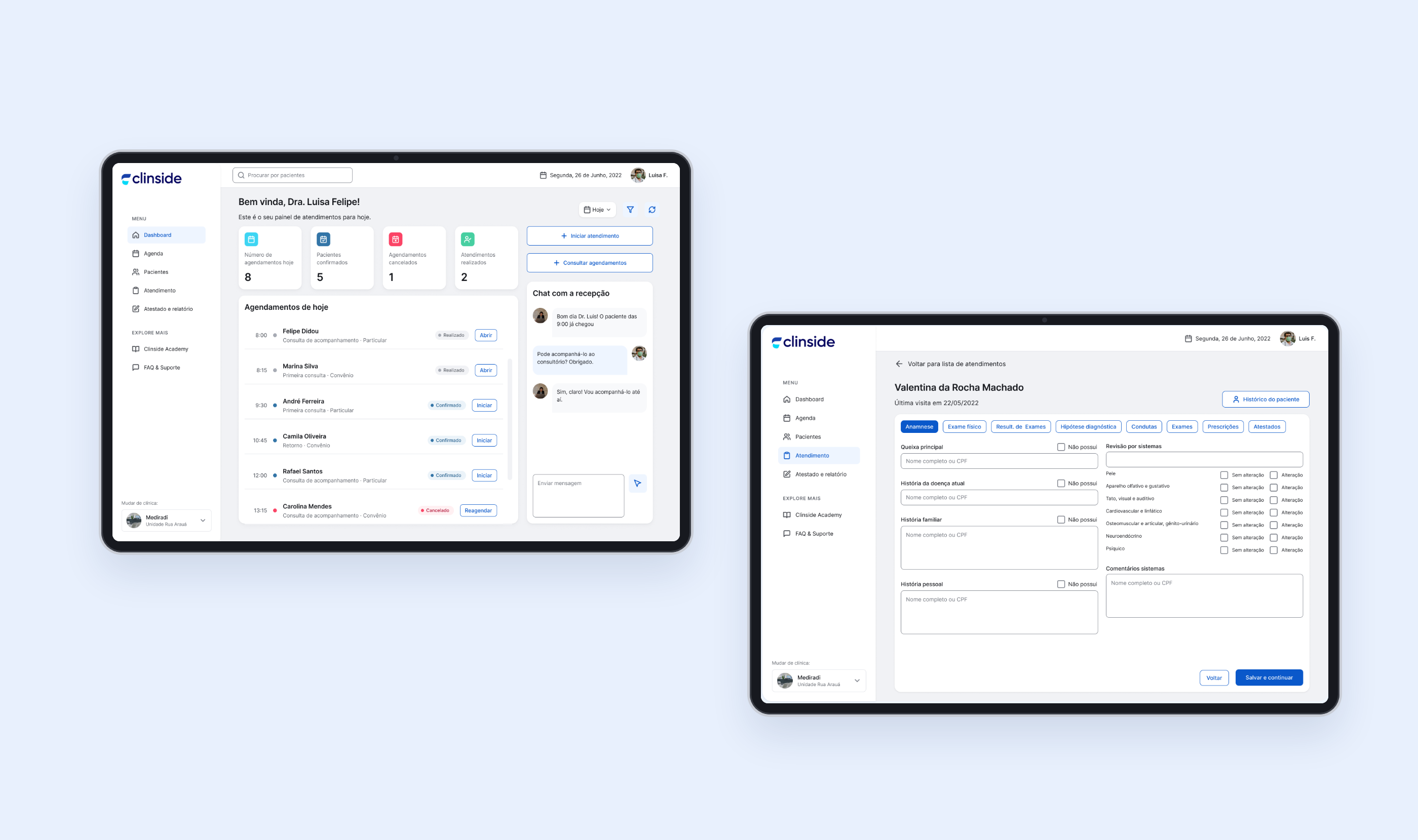 Clinside on two tablets: the doctor's daily appointments dashboard and a patient's clinical history form, built on the design system
