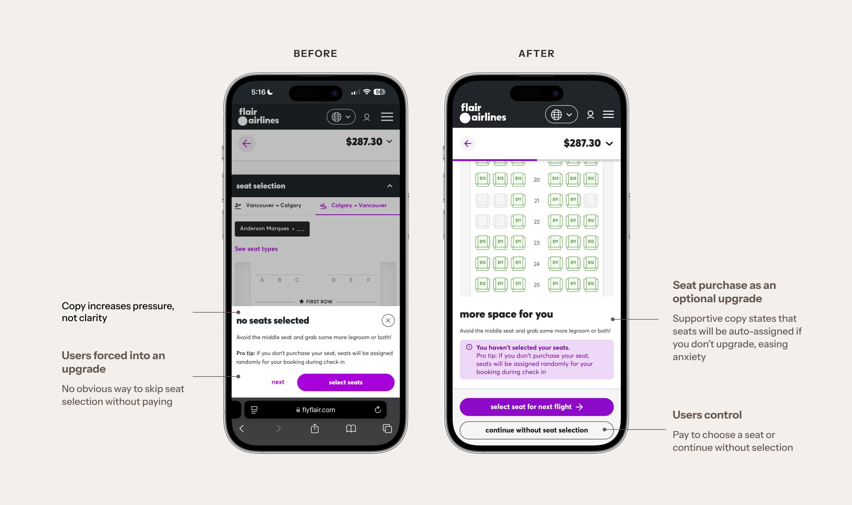 Comparison of original vs. redesigned seat selection